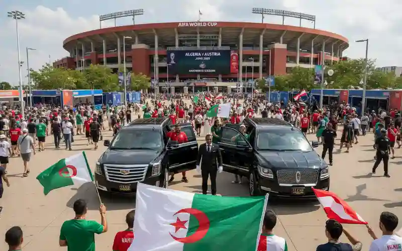 AI Image of Algerian and Austrian soccer fans arrive at Arrowhead Stadium in Kansas City FIFA 2026. In the foreground, two luxury black SUVs are parked, with a chauffeur assisting Algerian fans, some holding flags, out of the vehicles. 